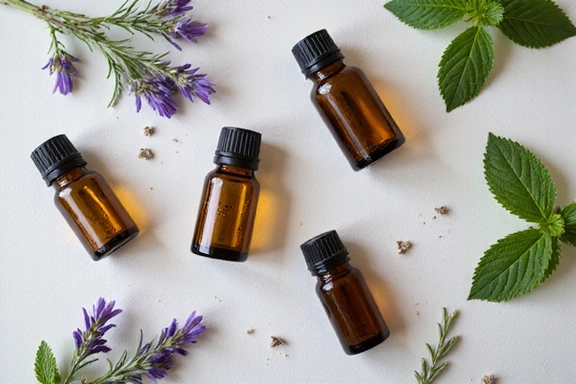 Bottles of natural essential oils and fresh herbs