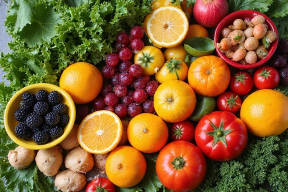 Variety of colorful, fresh fruits and vegetables