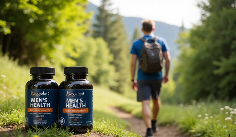 A man hiking in nature, symbolizing vitality and health, with natural supplement bottles in the foreground.