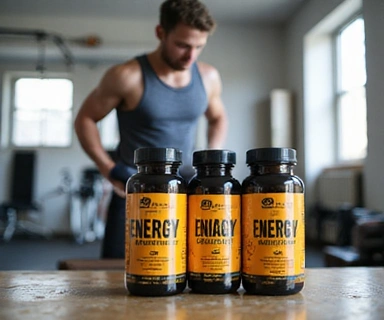 Dynamic image of a man exercising, with energy supplement bottles.