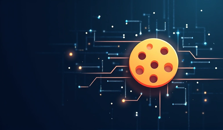 Stylized image of a cookie icon with digital data flow around it.